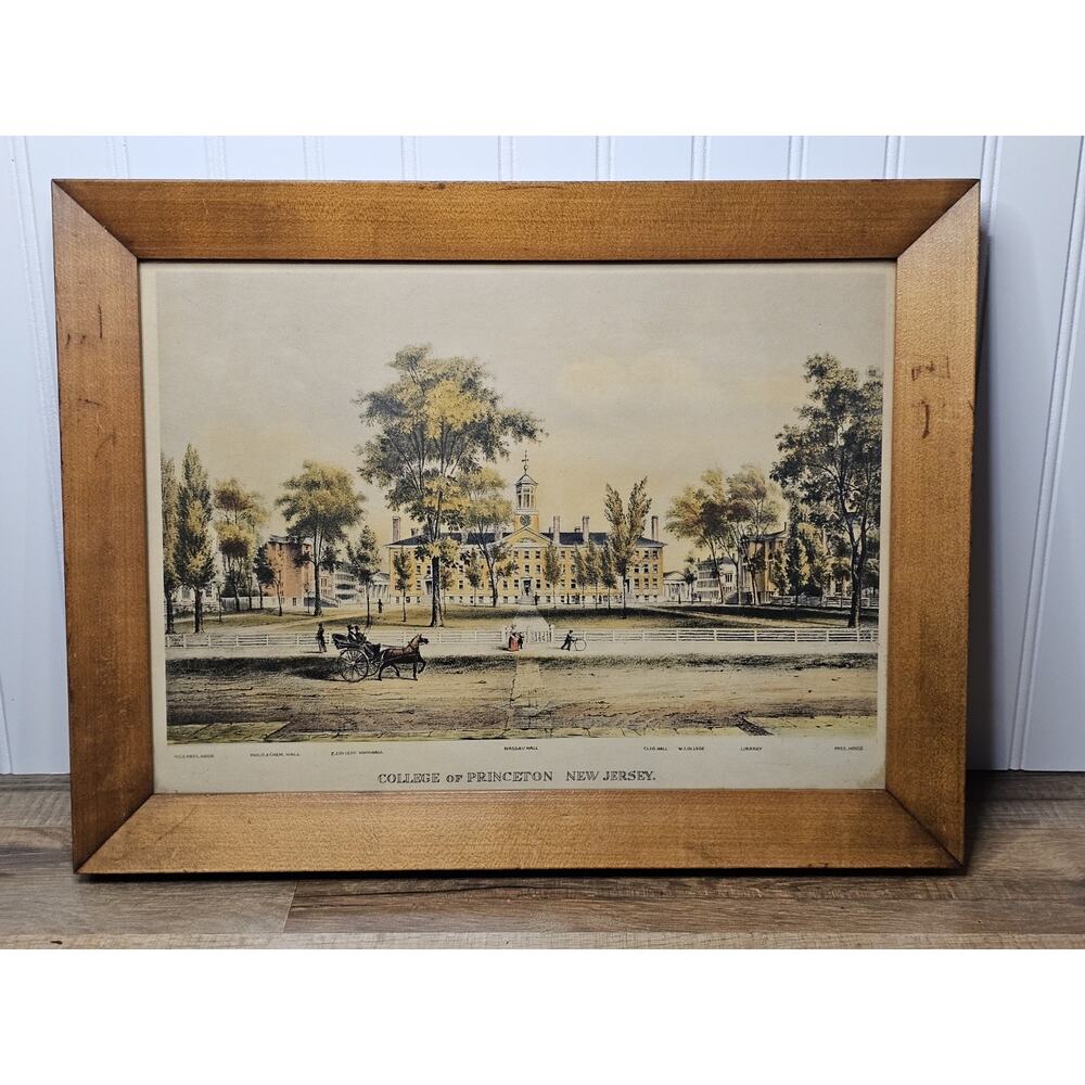 Color Lithograph Print Framed College of Princeton NJ Nassau Hall 1860 17x14